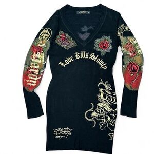 SOLD RARE Ed Hardy Christian Audigier “Love Kills Slowly” Tattoo Y2K Sweater